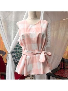 Pastel Pink Jumbo Buffalo Check Gingham Sleeveless Peplum Tank